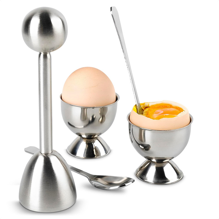 Egg Shell Opener Set  2 Pcs Egg Cups for Soft Boiled Eggs & Hard Boiled Eggs, 2 Pcs Spoons, Stainless Steel Build, Fits Most Shell Sizes  Ergonomic