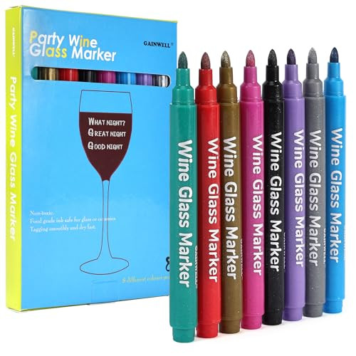 GAINWELL Metallic Wine Glass Markers 8Pcs, Non-Toxic, Food-Safe, Dishwasher-Safe, Wine Glass Marker Pens for Ceramic Plates, Parties & Weddings