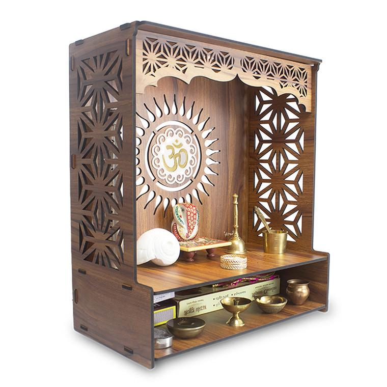 Heartily® Shree Beautiful Wooden Pooja Stand for Home Mandir for Home Temple for Home and Office Puja Mandir for Home and Office Wall with LED Spot L