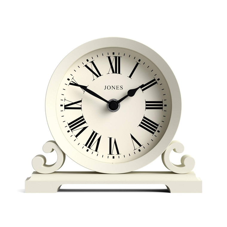 JONES CLOCKS® Saloon Mantel Clock | Small Traditional Double Scroll Design | Pale Cream | Roman Numerals | Classic Style for Desk, Table, Shelf or Be