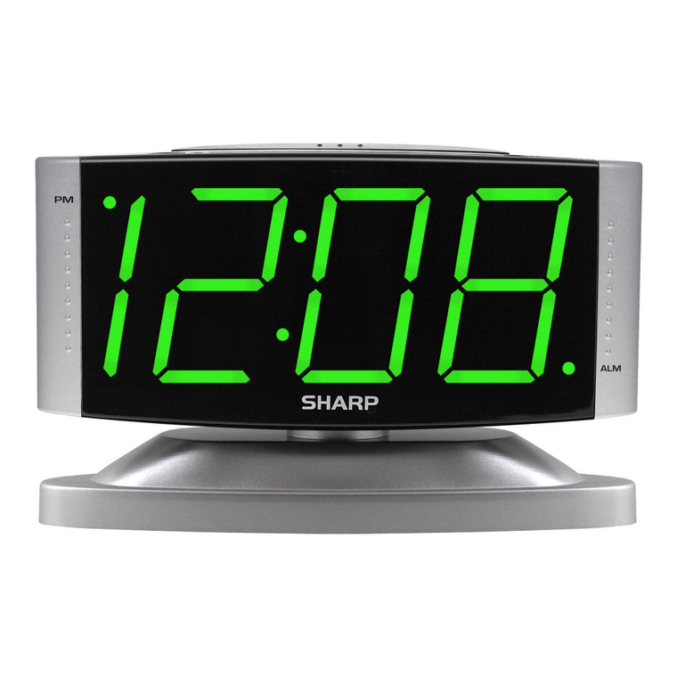 Sharp Home LED Digital Alarm Clock  Swivel Base - Outlet Powered, Simple Operation, Alarm, Snooze, Brightness Dimmer, Big Green Digit Display, Silve