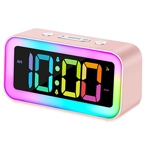 Cadmos Cute Pink Loud Alarm Clock with RGB Night Light - Perfect for Girls Room Decor and Kawaii Gifts, Small Size for Bedside or Desk Lamp in Bedroo