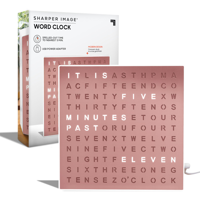 Sharper Image LED Word Digital Clock, 7.75", Rose Gold Finish, Light-Up Desk & Wall Clock, Modern Time Display, Shelf or Wall Decor for Home Office,