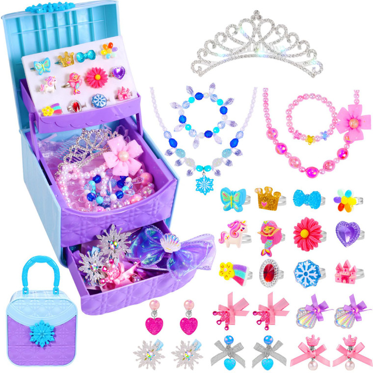 Pinksheep Girls Jewelry Set with Box, Toddler Ring Necklace Princess Crown for 3-10-Dress up Kids Toy Jewelry 30Pcs for Girls