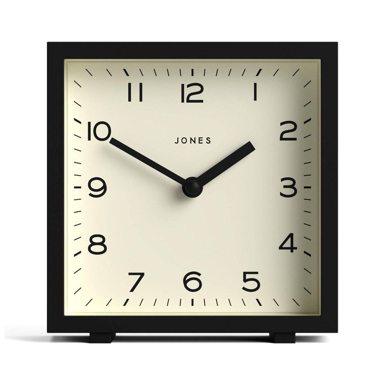 JONES CLOCKS® Disco Desk Clock | Sleek Square Design | Black | Stylish and Easy to Read for Shelf, Table, Mantel or Bedside