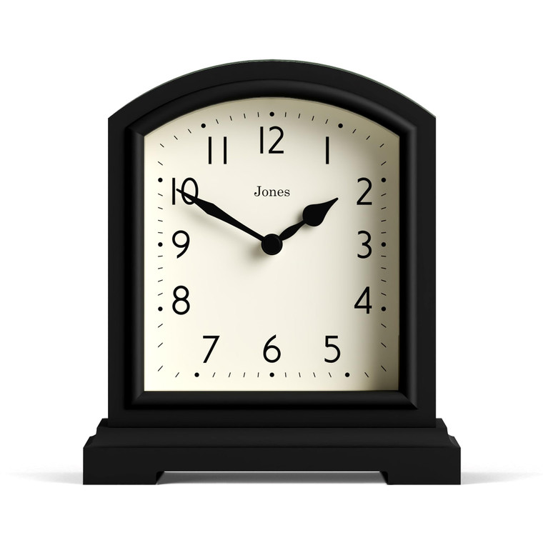 JONES CLOCKS® Tavern Mantel Clock | Small Modern Arch top Design | Black | Contemporary Classic Style for Desk, Table, Shelf or Bedside