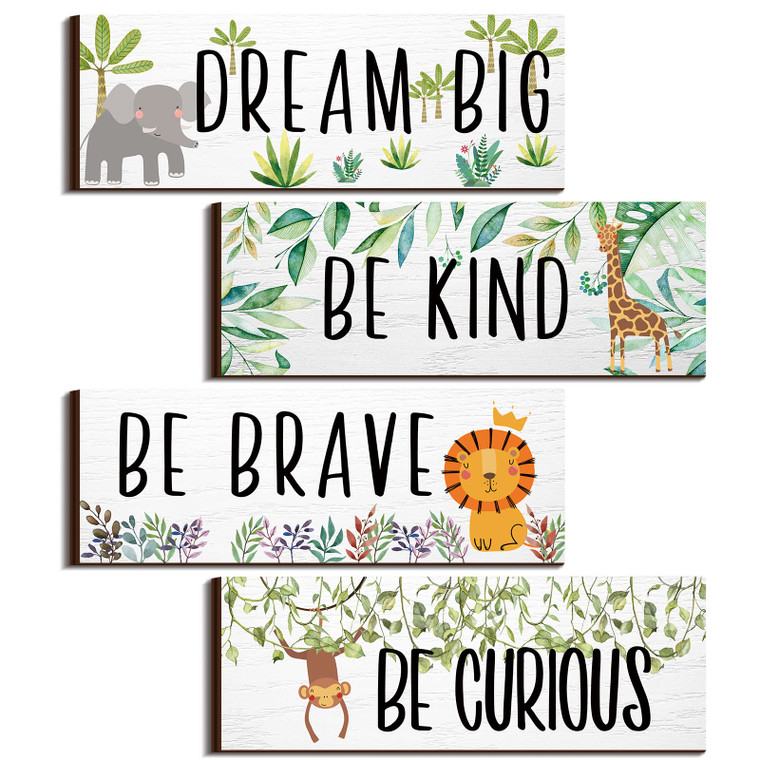 4 Pieces Woodland Nursery Decor Safari wall art Be kind brave curious Cute Jungle Animal Nursery Decor for Bedroom living room home 11x 3.9 Inches(Li
