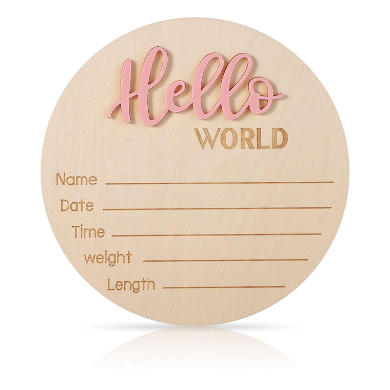 Baby Announcement Sign, 5.9in Wooden Hello World Newborn Signs Birth Announcement Sign Welcome Name Plaques for Newborn Boys and Girls Photo Props Ba