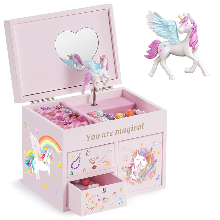 Lolalet Wooden Jewelry Box with Unicorn for Girls, Musical Children's Jewelry Organizer, Gift for Toddler Age 2 3 4 5 6 7 8 9 on Birthday -Pink