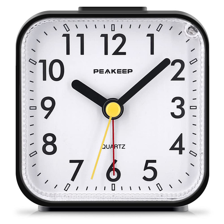 Peakeep Small Battery Operated Analog Travel Alarm Clock Silent No Ticking, Lighted on Demand and Snooze, Beep Sounds, Gentle Wake, Ascending Alarm,