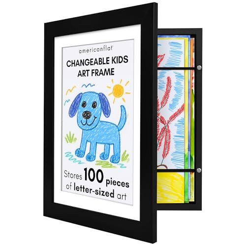 Americanflat Kids Artwork Frame Changeable (Black) - Magnetic Door Holds 100 Art Pieces - 8.5x11 Letter Size Display with Mat or 10x12.5 Without Mat