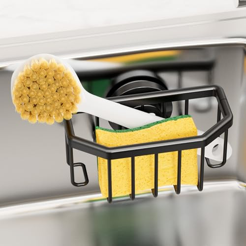 TAILI Sponge Holder with Strong Suction Cup, Dish Sponge Caddy Inside Sink Removable, Rustproof Aluminum for Sponges, Brushes, Stoppers and Scrapers