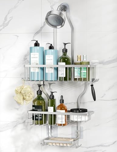 YASONIC Shower Caddy Hanging - Never Rust Shower Organizer - Aluminum Over The Head Caddy with 10 Hooks for Razor/Sponge - Rack with Soap Basket - Si