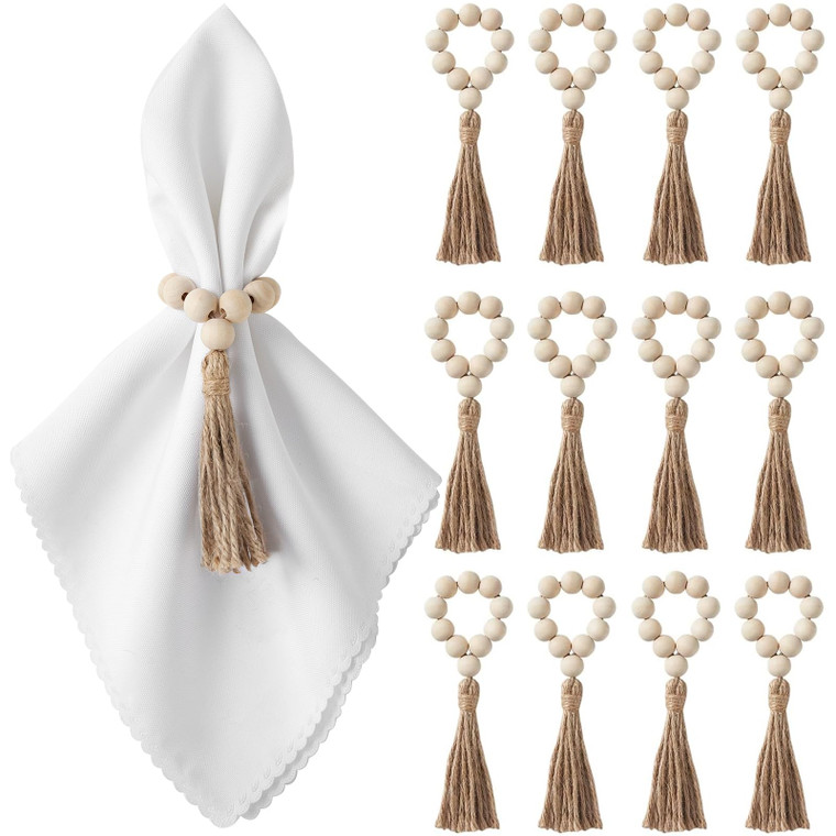 Napkin Rings Set of 12, Wooden Napkin Rings, Wood Bead Napkins Rings for Table Decor, Christmas Napkins Rings for Decorations Dinnerware Sets, Spring