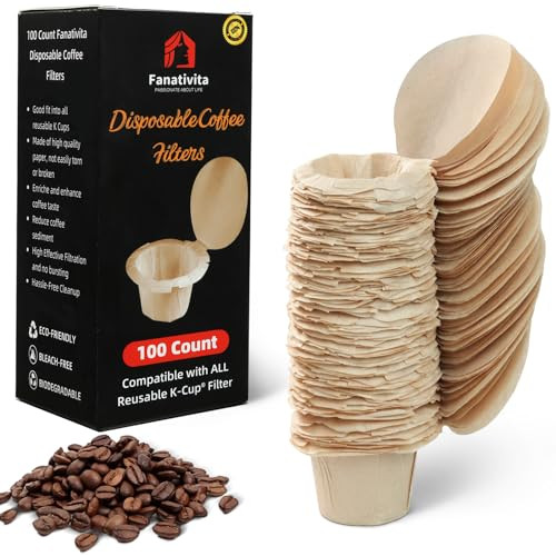 100 Count Fanativita K Cup Filters Disposable with Genius Lid Design, Fit All Reusable K Cups for Keurig (Unbleached)
