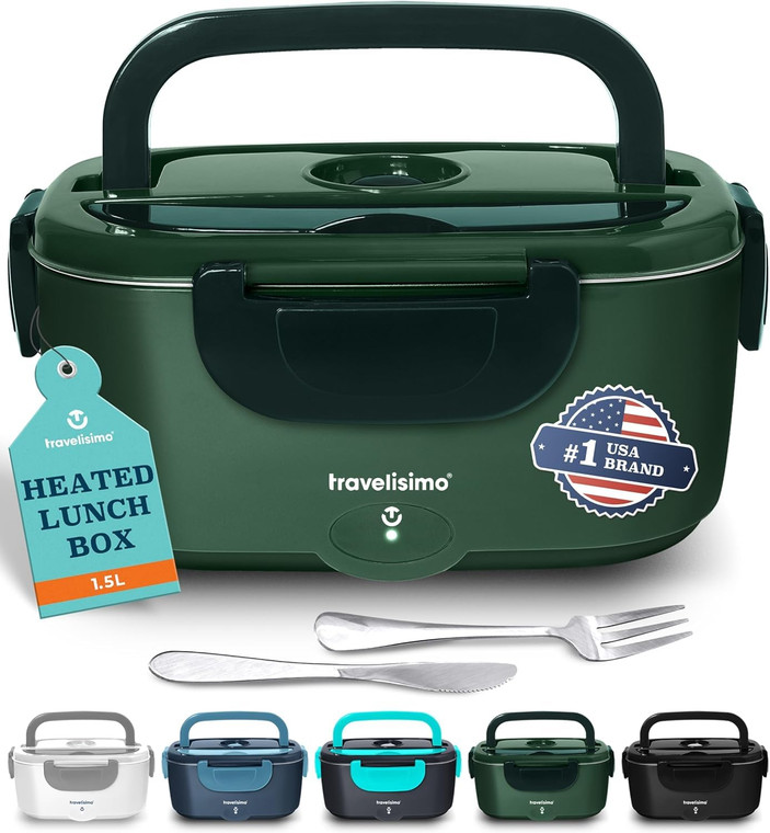 TRAVELISIMO Electric Lunch Box for Adults 80W Heated Lunch Box For Men 1.5L Stainless Steel Portable Food Warmer, 12/24/110V for Travel & Work, Lonch