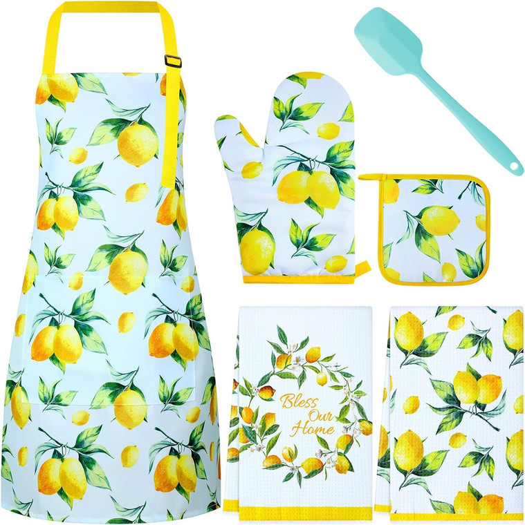Hoolerry 6 Pcs Lemon Kitchen Apron Dish Towels Oven Mitts and Pot Holders with Spatula for Women Wife Grandma Cooking Baking Gifts