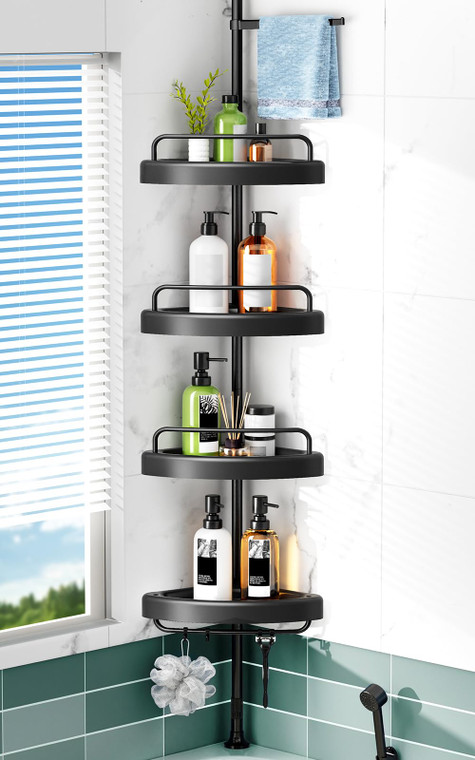 HAMITOR Corner Shower Caddy Tension Pole: 4 Tier Shampoo Storage Organizer for Inside Shower - Telescoping Rod Shower Rack for Bathroom and Bathtub -