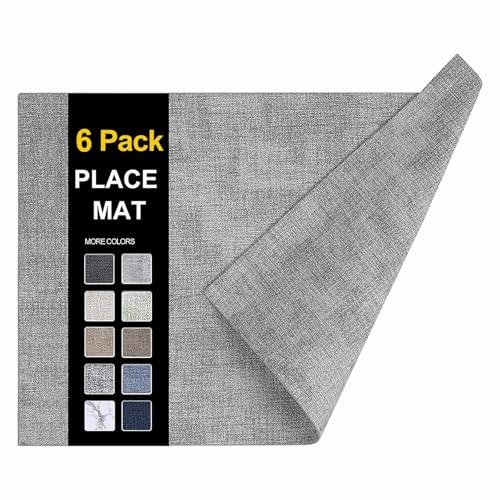 homing Faux Leather Heat Resistant Placemats 6 Packs, Waterproof Wipeable Dining PU Place Mats for Indoor & Outdoor, Easy to Clean, Light Grey