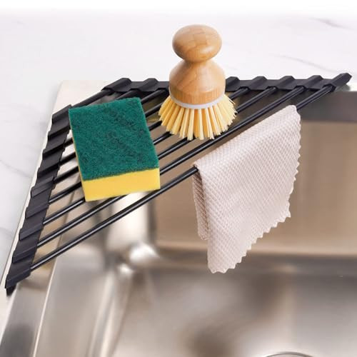 Tomorotec Small Triangle Roll-Up Dish Drying Rack with Silicone Coating Stainless Steel Frame for Sink Corners, Multipurpose Over-The-Sink Kitchen Dr