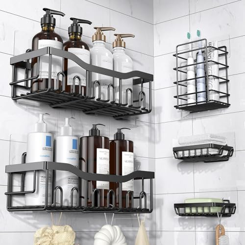 EUDELE Adhesive Shower Caddy, 5 Pack Rustproof Stainless Steel Bath Organizers With Large Capacity, No Drilling Shelves for Bathroom Storage & Home D