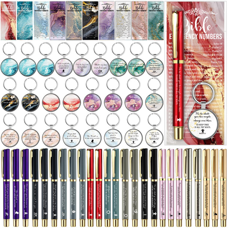 Feifeiya 75 Pcs Christian Church Gifts 25 Bible Verse Pens 25 Religious Keychains 25 Emergency Number Bookmarks Bible Study Gifts for Women Men Sunda
