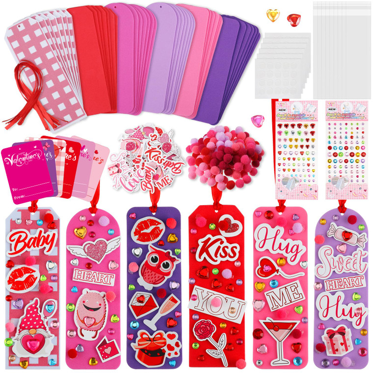 Pasimy 48 Set Valentines Day Bookmarks Crafts Kit - DIY Foam Valentine's Day Crafts Book Mark with Heart Stickers Bulk Galentine Bookmark Activity fo