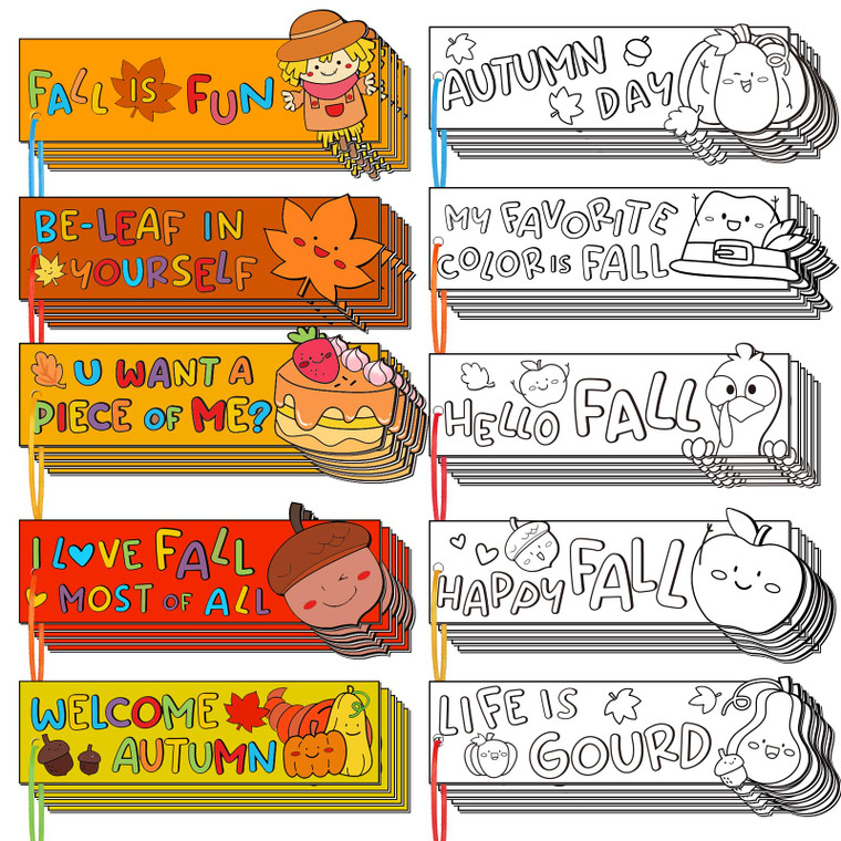 Briwooody 100 Sets Thanksgiving Coloring Bookmarks for Kids with Ribbon Bulk Inspirational Fall DIY Coloring Blank Paper Art Crafts for Classroom Har