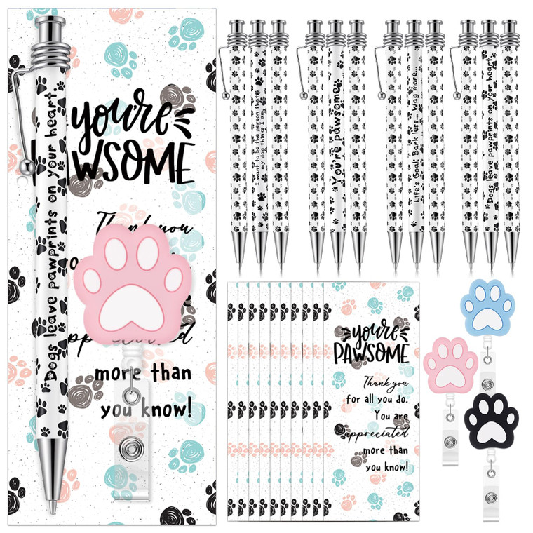 Resurhang 20 Sets Cute Dog Paw Retractable Badge Reels Funny Thank You Pens Card for Doctor Nurse Vet Tech Lab Coworker
