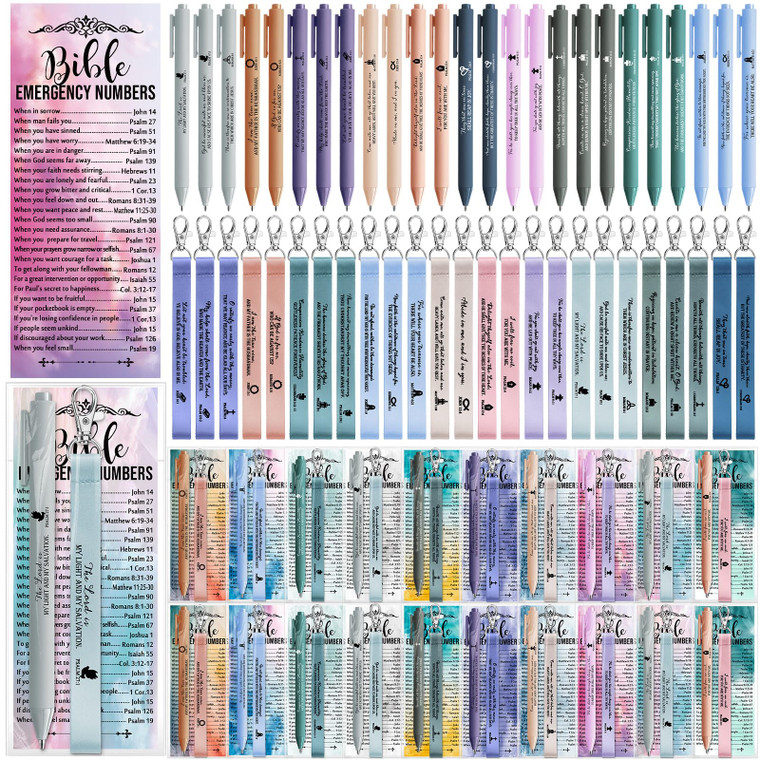Sinload 50 Set Christian Gift Bulk Bible Emergency Numbers Bookmark with Silicone Keychains Bible Verse Pen Religious Study Supplies for Mother Day C