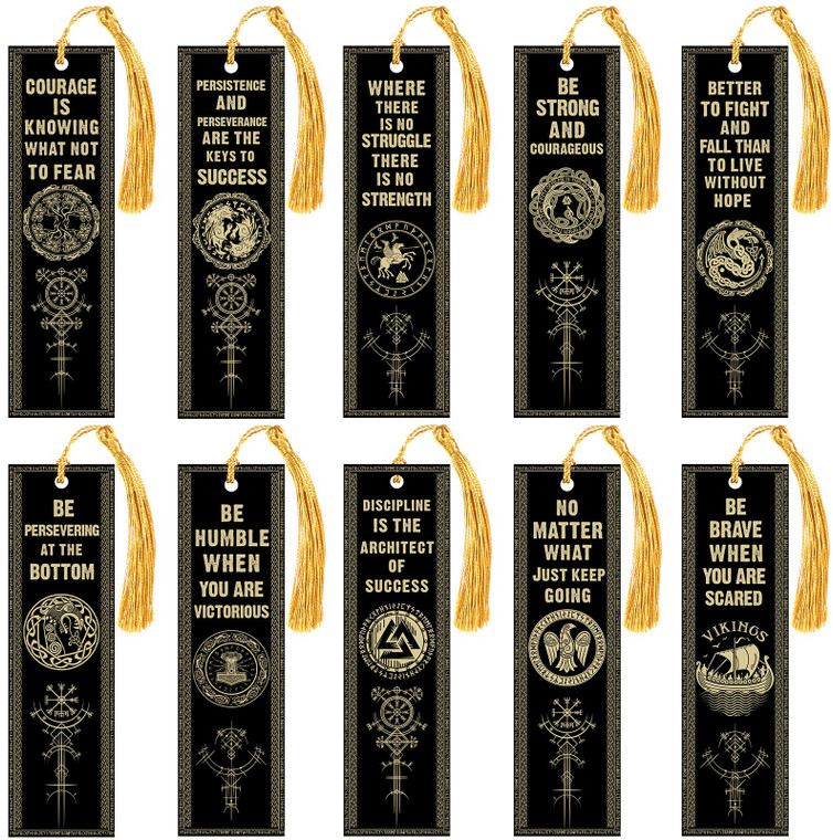 10 Pcs Motivational Bookmarks for Men Christmas Nordic Vikings Bookmarks with Tassels Celtic Book Marker PVC Scandinavian Vikings Book Marks for Xmas
