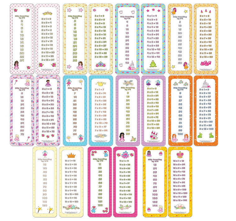Creanoso Skip Counting Chart Bookmark Cards - Princess Theme (6-Set X 11 Cards) - Stocking Stuffers Gifts Book Page Clippers Giveaways