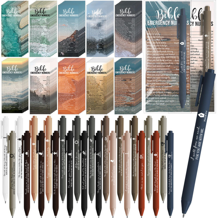 Feifeiya 200 Set Christian Church Gifts 200 Bible Verse Pens Bulk 200 Bible Emergency Numbers Bookmarks Religious Pens Church Visitors Gifts for Men