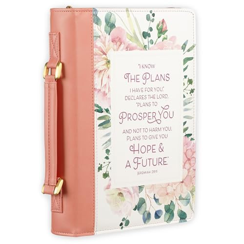 Christian Art Gifts Fashion Vegan Leather Bible Cover for Women: I Know The Plans Inspirational Bible Verse, Pink Floral, Medium