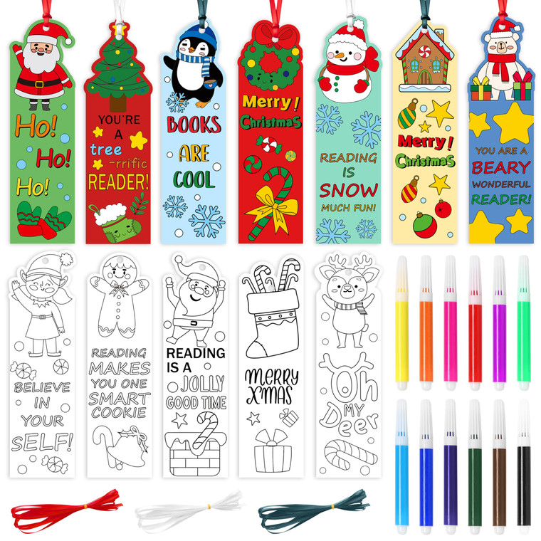 ANGOLIO 135Pcs Merry Christmas Color Your Own Bookmarks for Kids DIY Coloring Blank Bookmark with Snowman Christmas Tree Classroom Art Craft Supplies