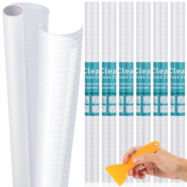Tenceur 6 Rolls 13.5" x 10' Book Cover with 1 Plastic Scraper Clear Book Protector with Plastic Scraper Tool Transparent Self Adhesive Bookcover for