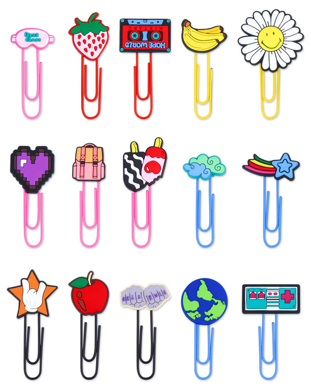 YETOOME 15 Pcs Cute Bookmark Paper Clips Cartoon Silicone Bookmarks with Colorful Paperclips for Kids School Teacher Office Supply Student Stationery