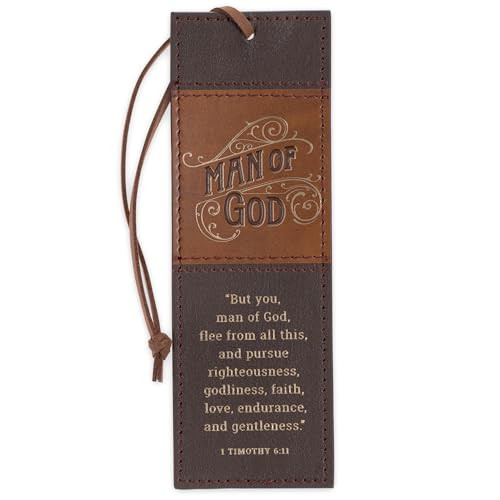 Christian Art Gifts Premium Inspirational Scripture Vegan Leather Bookmark for Men: Man of God Encouraging Bible Verse, Knotted Cord, Gold Text, Stur