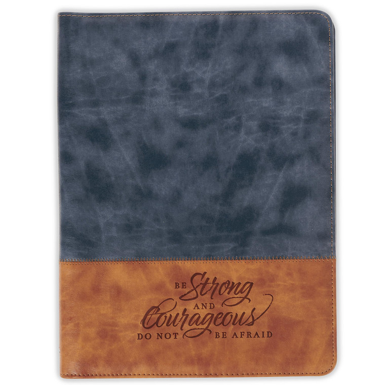 Christian Art Gifts Premium Vegan Leather Zippered Portfolio for Men W/Inspirational Scripture: Strong & Courageous, Encouraging Bible Verse W/Pen &