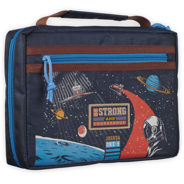 Christian Art Gifts Fashion Polyester Bible Cover for Boys & Girls: Be Strong Inspirational Scripture, Blue Multicolor Outer Space Travel Theme, Stur
