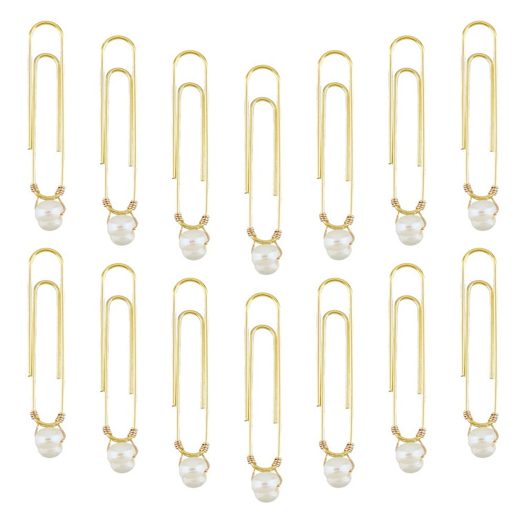 SUPERFINDINGS 30Pcs Imitation Pearl Beads Bookmarks Iron Paper Clips Golden 57mm Long Planner Clips Page Markers for School Office Document Organizin
