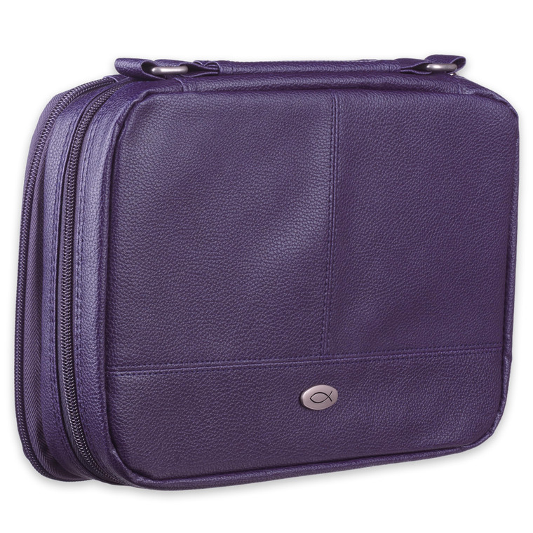 Christian Art Gifts Inspirational Vegan Leather Two-fold Organizer Bible Cover for Women, Jesus Fish Badge, Sturdy Carry Handle, Pen Loops, Pockets,