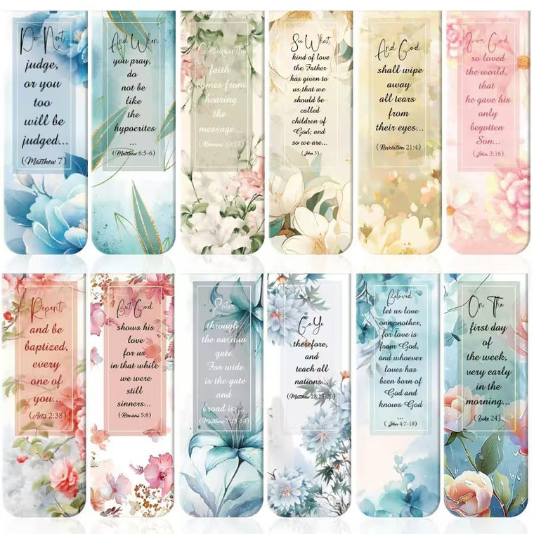 12PCS Floral Background Bible Verse Magnetic Bookmarks for Women Men, Inspirational Scripture Christian Religious Bookmarks for Church Supplies, for
