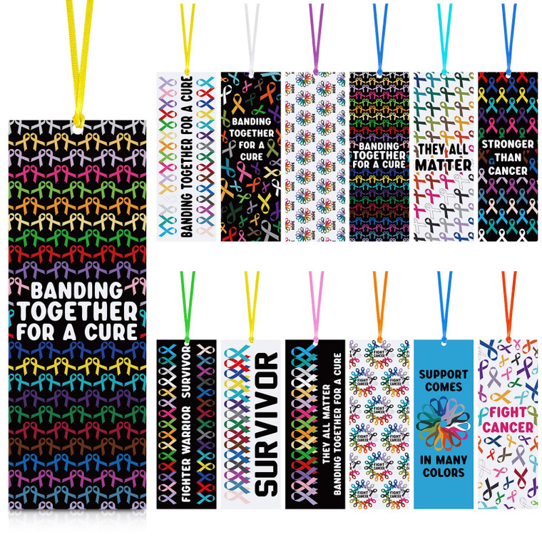 Yaomiao 120 Pcs Cancer Awareness Laminated Bookmarks Bulk Colorful Ribbon Bookmarks All Cancer Awareness Book Markers for Charity Fundraiser Support