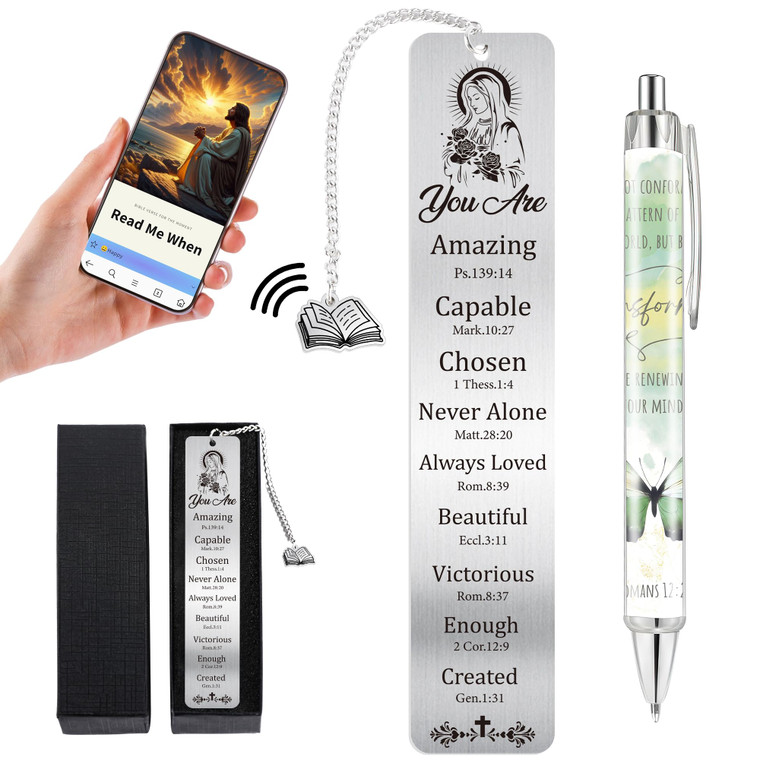 Catholic Bookmark and Pen Gift Set, Virgin Mary Metal Book Mark with NFC, Christian Bible Page Marker Clips for Reading Women, Christmas Birthday Gif