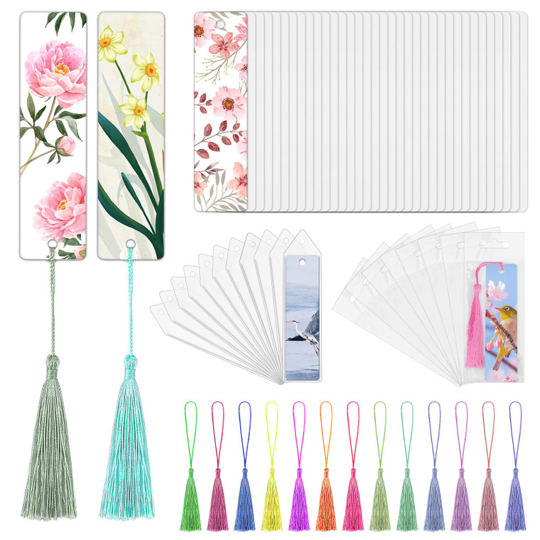 50 Sets Sublimation Blank Bookmarks with Clear Bookmark Sleeves Tassels and Self-Sealing Bags, Heat Transfer Metal Aluminum DIY Bookmark with Hole fo