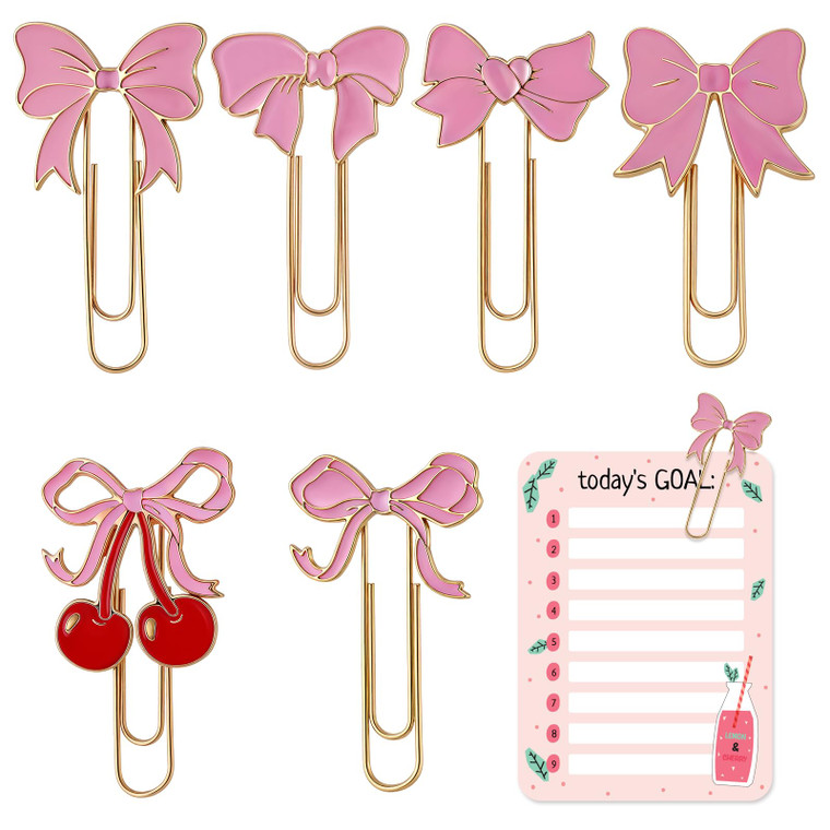 Skyygemm 6 Pcs Pink Bow Paper Clips Cute Large Paperclips Coquette Metal Paper Clip Preppy Bookmarks Planner Clips for Office Home Supplies Gifts Wed