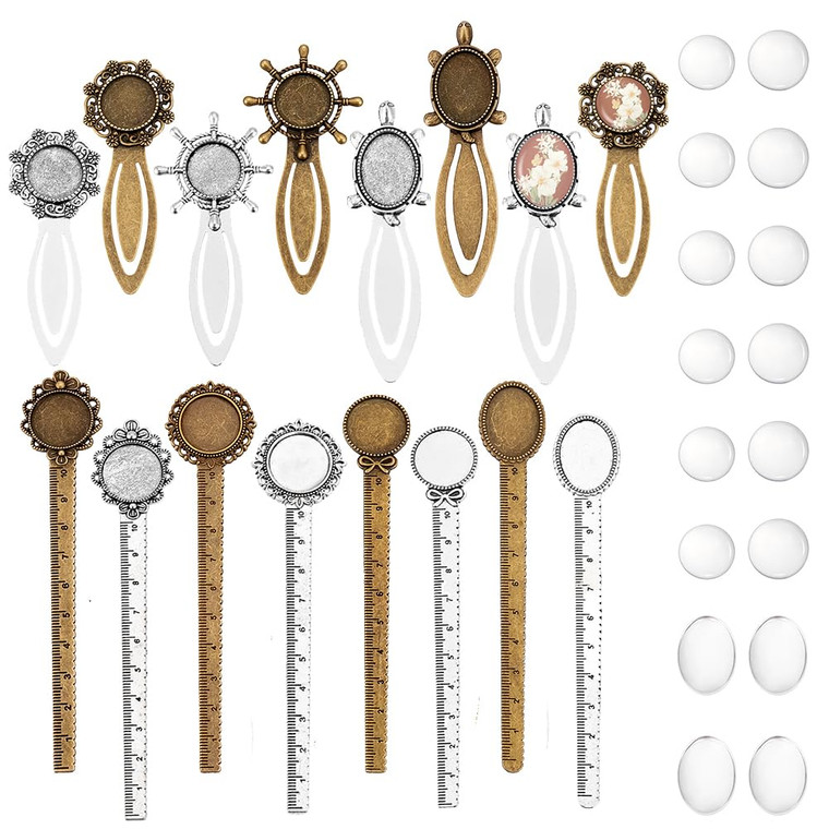 PH PandaHall 14 Sets Bookmark Tray Ruler Bookmark Vintage Style Metal Bookmarks Blanks Pendant Bookmarks with Cabochon Settings for Office School Hom