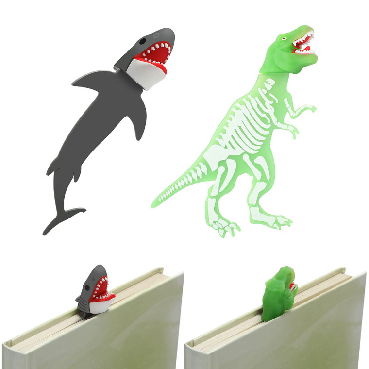 2 Pieces Shark Bookmark for Kids Boys Dinosaur Giant Cool Childrens 3D Luminous Cartoon Animal Bookmark, School Supplies(Dinosaur and Shark Style)