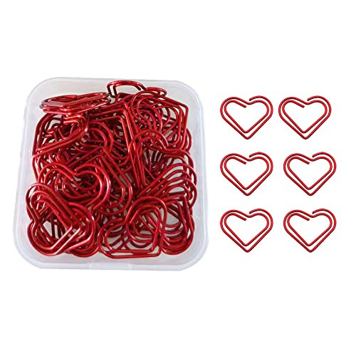 GSHLLO 50 Pcs Heart Shaped Paper Clips Small Office Paperclips Metal Paper Clamps Love Shaped Paperclips Journaling Bookmark Clips for School Red